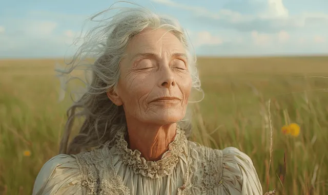 Elderly woman in a lace dress standing in a grassy field, eyes closed