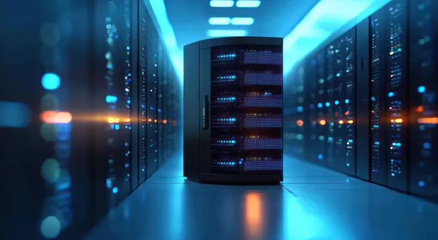 Corredor futurista de sala de servidores con bastidores iluminados y líneas brillantes de conexión de datos que conducen a un gabinete central.