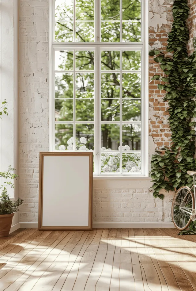 White canvas mockup in a wooden frame by a bright window, with a bicycle and trees outside.