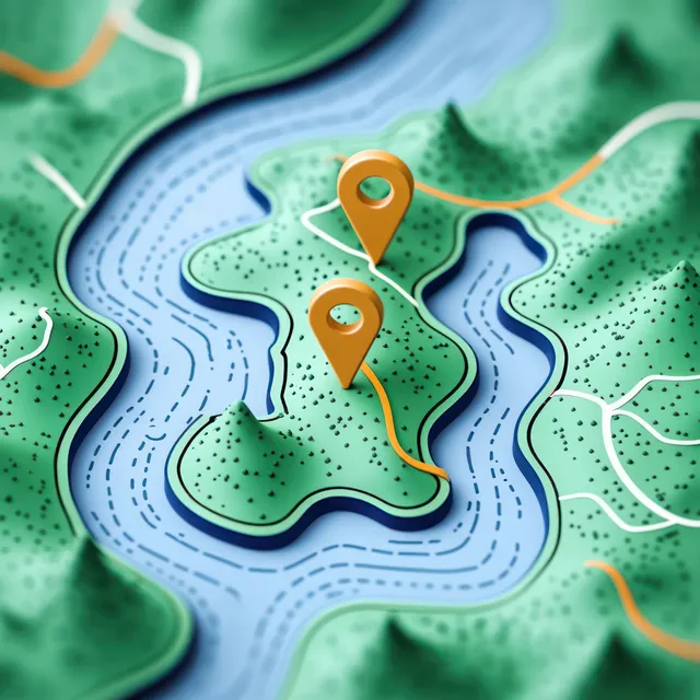 3D map terrain with a winding river and two orange pins connected by a route path.