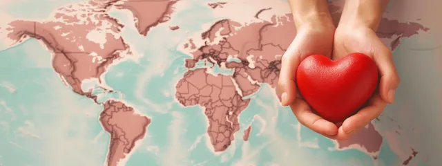 Hands holding a red heart above world map for health and human support awareness