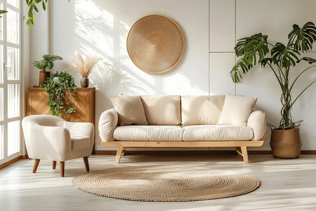 Beige sofa and round rug in a bright Scandinavian living room with plants and light wooden furniture near windows.