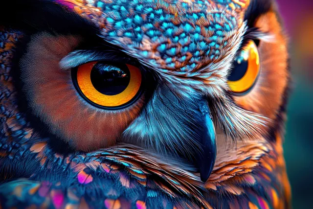 Close-up surreal owl portrait with double exposure neon feather patterns and glowing amber eyes.