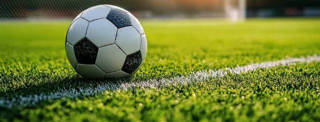 Black and white soccer ball resting on grass near a bright white field line
