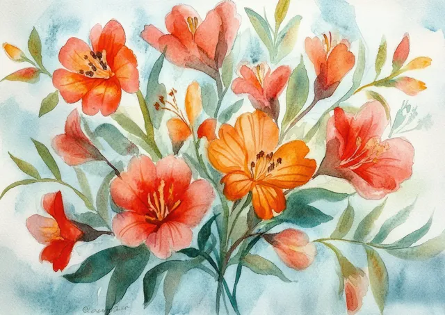 Orange and red watercolor flowers with green leaves bloom over a soft blue and white background.