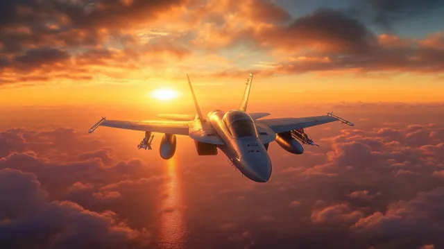A fighter jet banks through orange sunset clouds with glowing light and lens flare above the horizon.