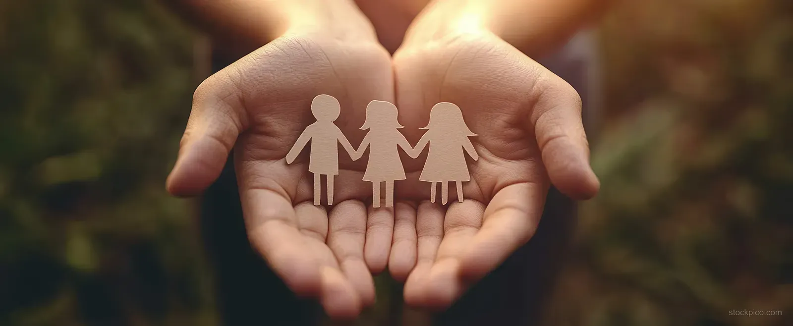 Hands hold paper cutout family figures against a softly blurred outdoor background.