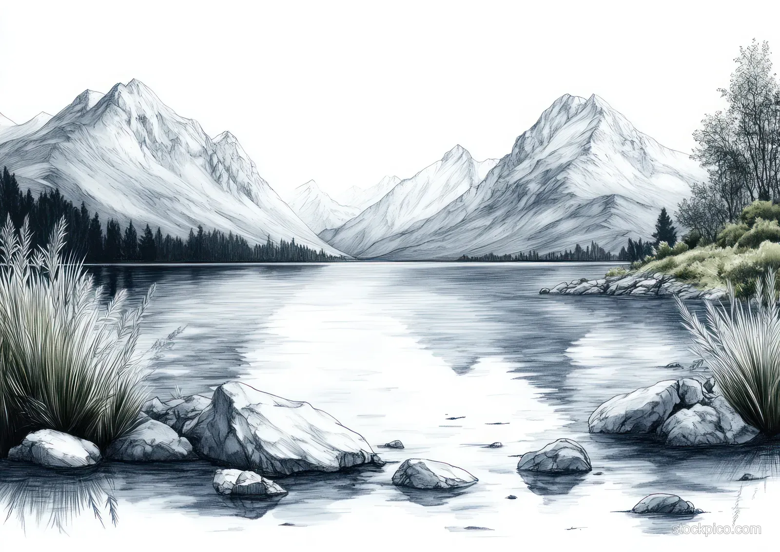 Ink sketch of mountains beside a calm lake with reeds, rocks, and reflective water.