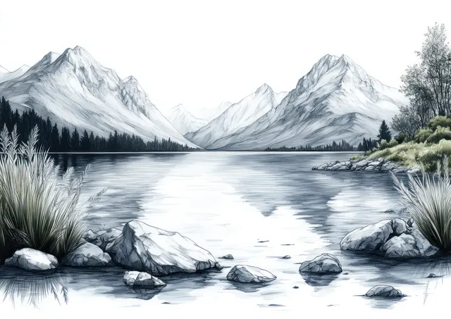 Ink sketch of lakeside mountains with a calm reflective stream