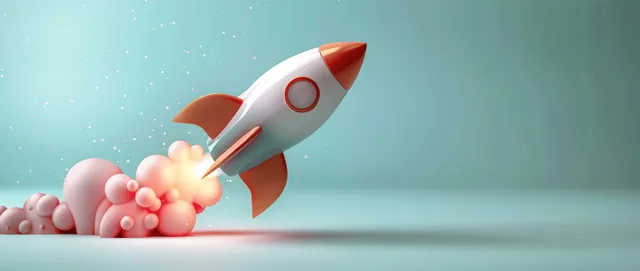 Cartoon rocket launching across light blue background with soft pastel bubbles