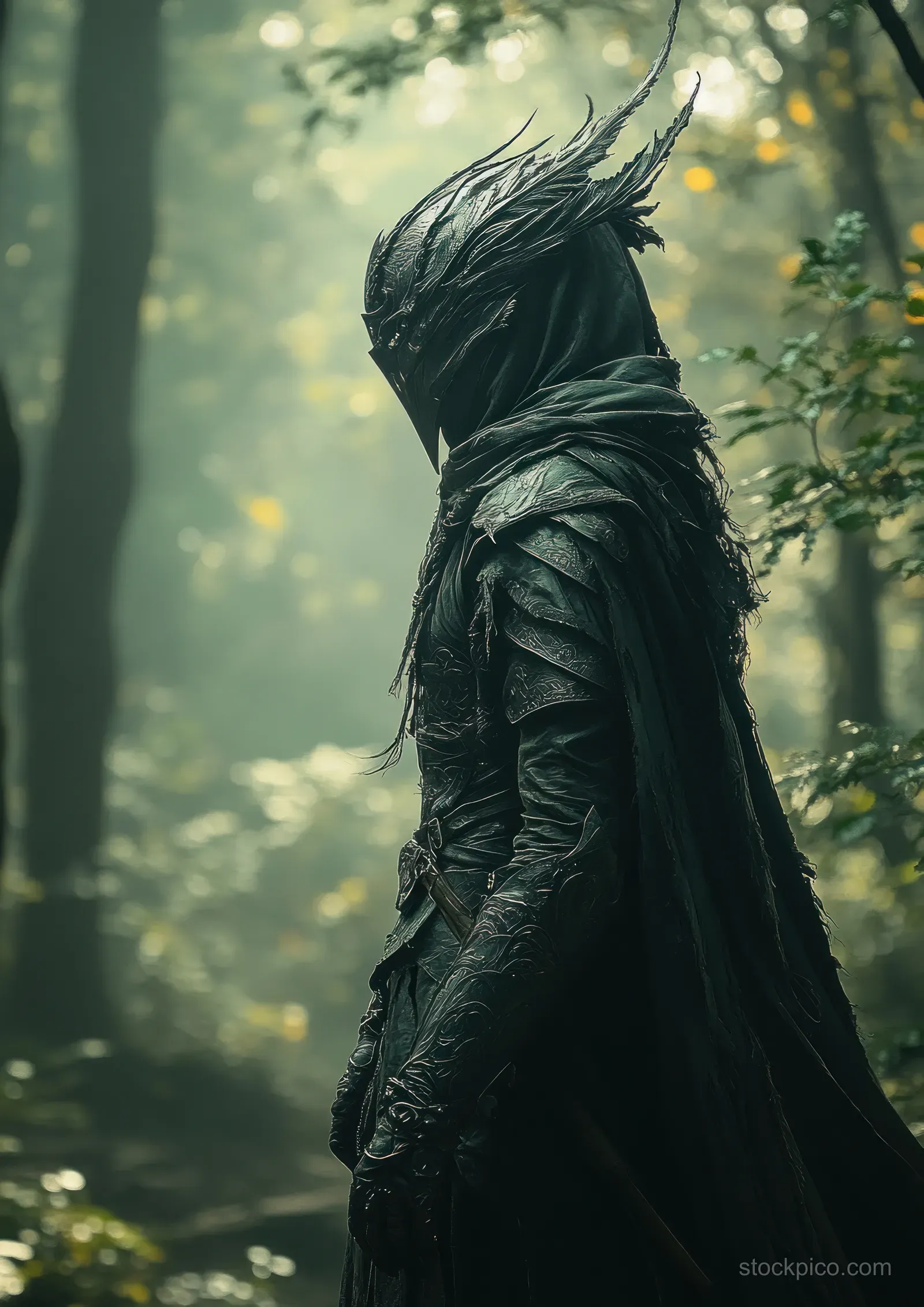 Hooded elf warrior in a dark forest holds a sword and bow with long white hair and misty green light.