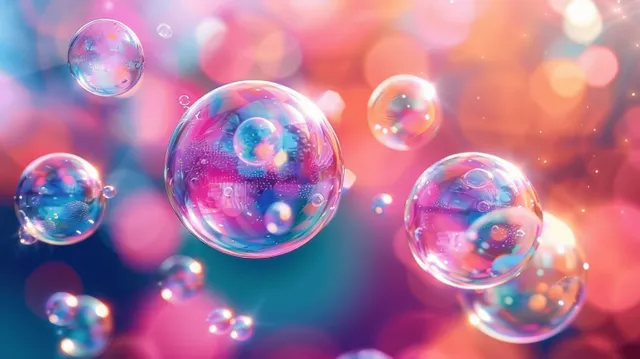 Colorful soap bubbles floating with rainbow reflections against a soft glowing abstract backdrop