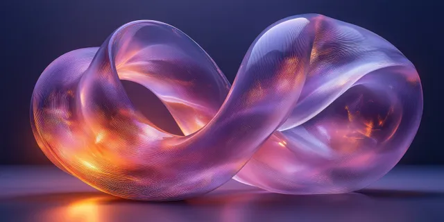 Purple abstract sculpture of intertwined smooth rings with glowing ambient lighting