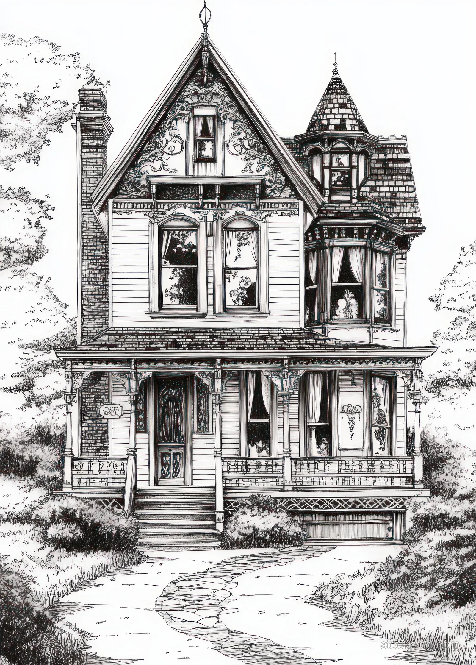 A hand-drawn Victorian house with ornate gables sits beside a winding path and trees in a black-and-white ink sketch.
