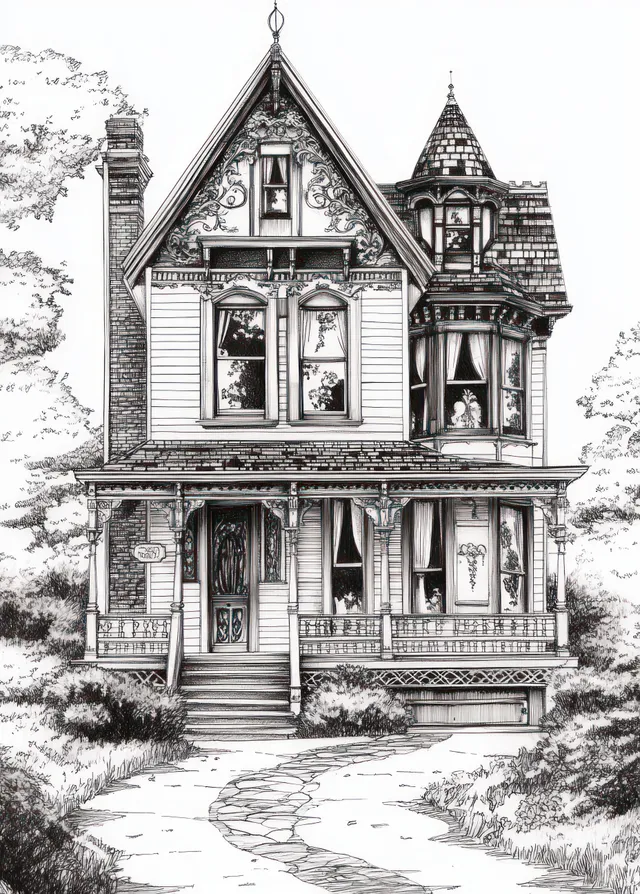 A hand-drawn Victorian house with ornate gables sits beside a winding path and trees in a black-and-white ink sketch.