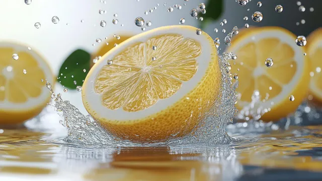 Lemon slices splash into clear water with droplets frozen midair around the fruit.