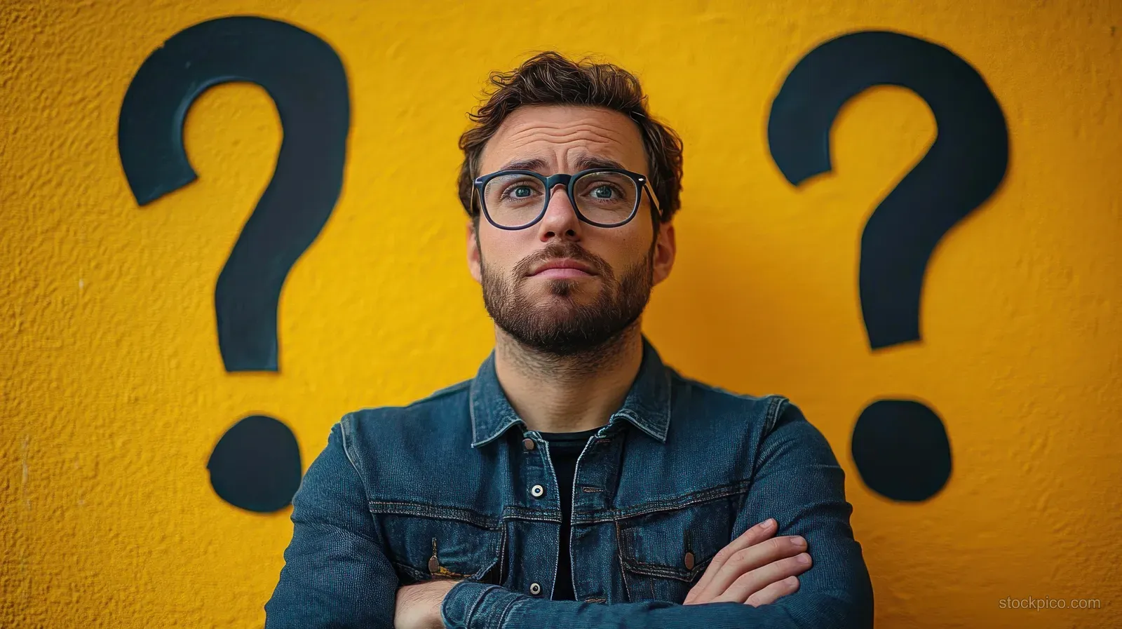Young man with glasses and beard stands with crossed arms, looking puzzled before a yellow wall with large question marks.