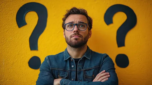 Young man with glasses and beard stands crossed-armed before yellow wall with large question marks