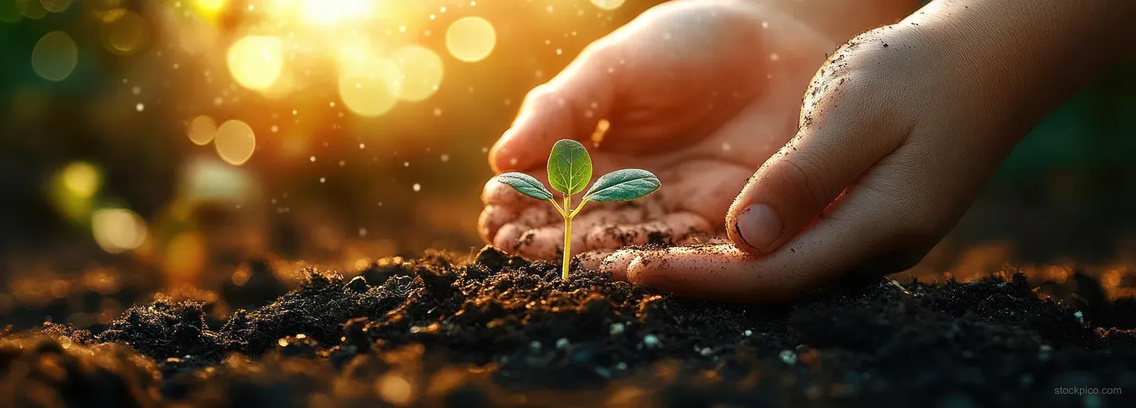 Hands plant a small green sprout in dark soil while warm sunlight bokeh glows in the background.