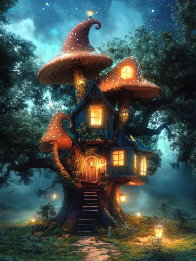 A glowing mushroom-roof treehouse with lit windows sits on a forest path under a starry night sky.