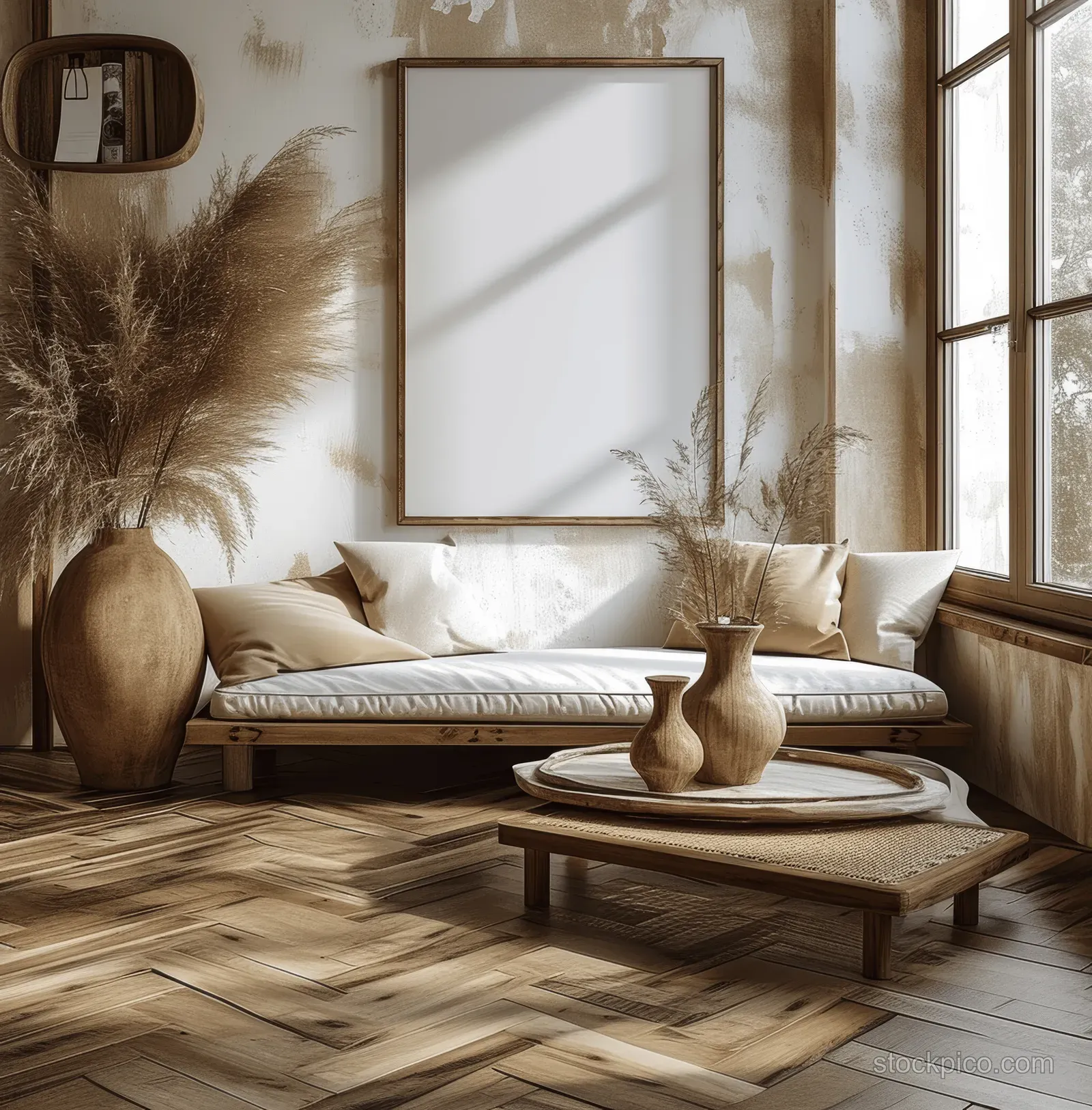 Boho living room with a beige sofa, pampas plants, wooden decor, and an empty framed canvas in daylight.