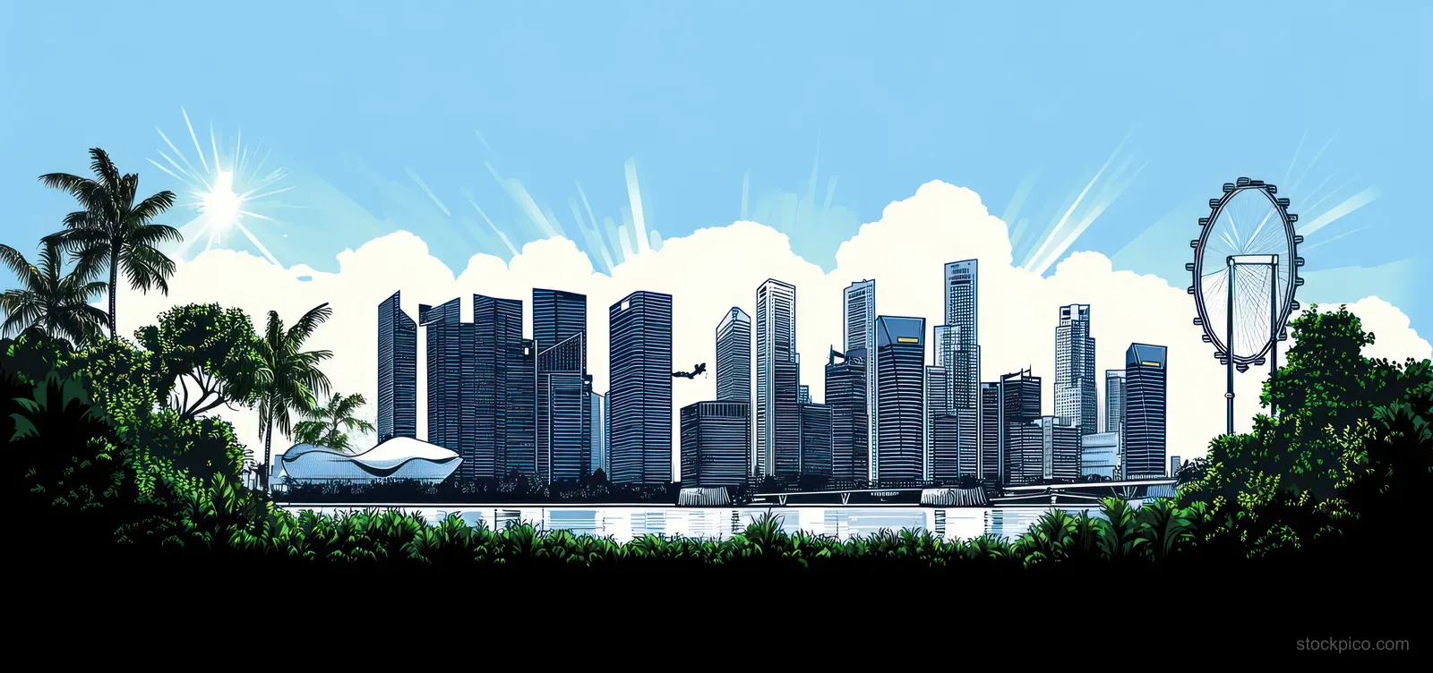 Minimalist vector skyline of Singapore with dark building silhouettes, greenery, palm trees, and a bright sunrise sky.