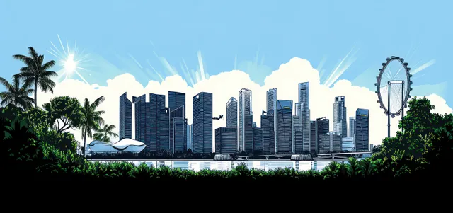 Minimalist vector skyline of Singapore with dark building silhouettes, greenery, palm trees, and a bright sunrise sky.