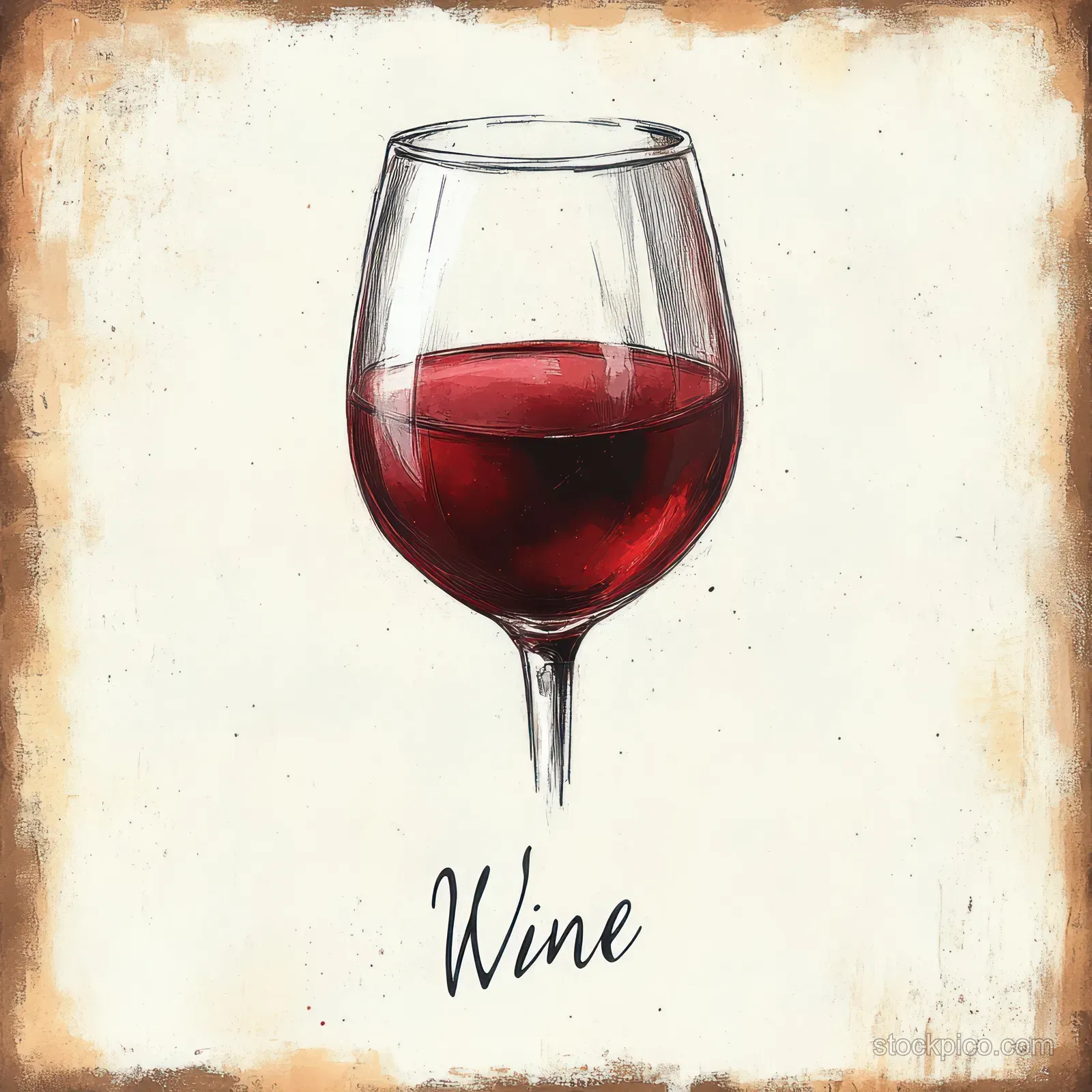 A wine glass filled with red wine sits on a vintage textured background with the word Wine beneath it.