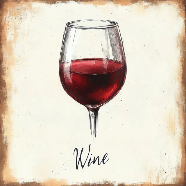 Wine glass filled with red wine on vintage textured background with handwritten label