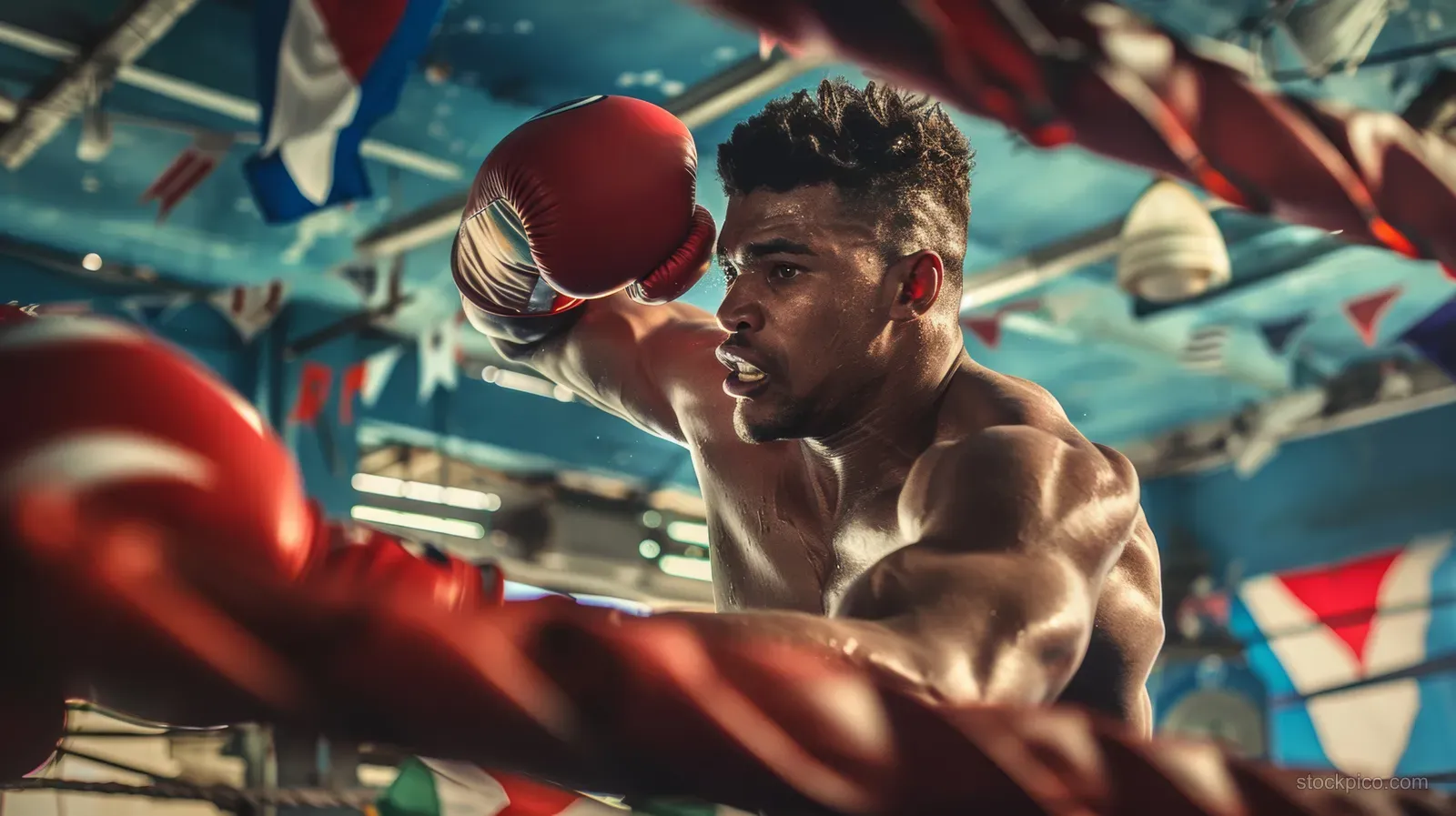 Cuban lightweight boxer swings a punch in a boxing ring with colorful flag banners overhead.