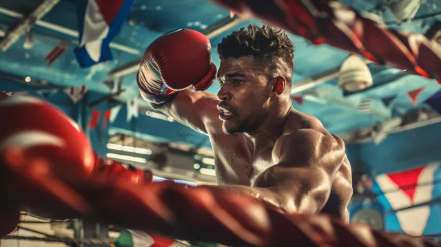 Cuban lightweight boxer swings a punch in a boxing ring with colorful flag banners overhead.