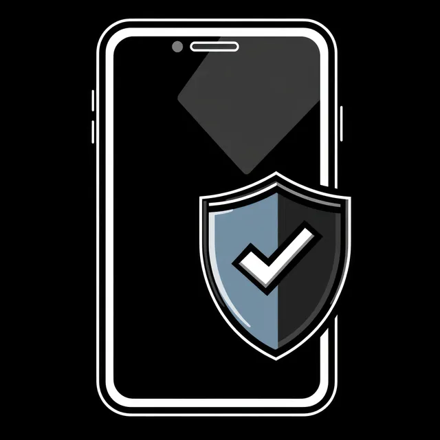 A smartphone icon on a black background displays a shield with a checkmark for mobile security protection.