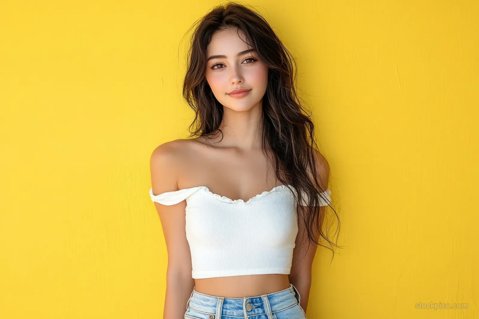 Smiling woman with long dark hair wearing a white top and jeans against a bright yellow studio background.