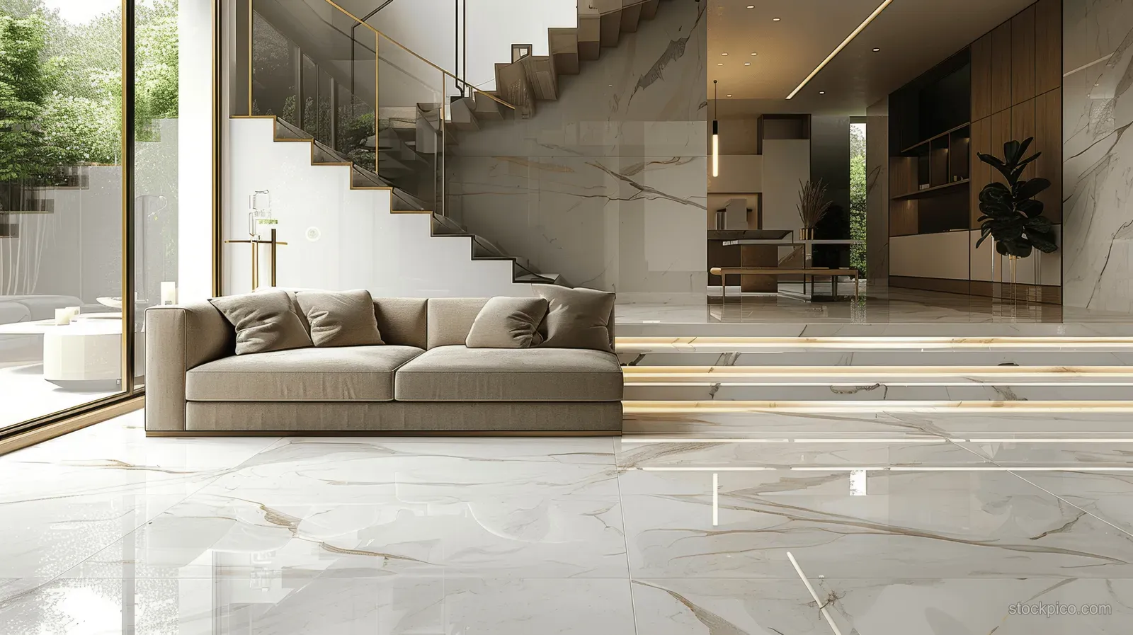 Beige sofa sits on a white marble floor beside glass walls and wooden stairs with sunlight filtering through sheer curtains.