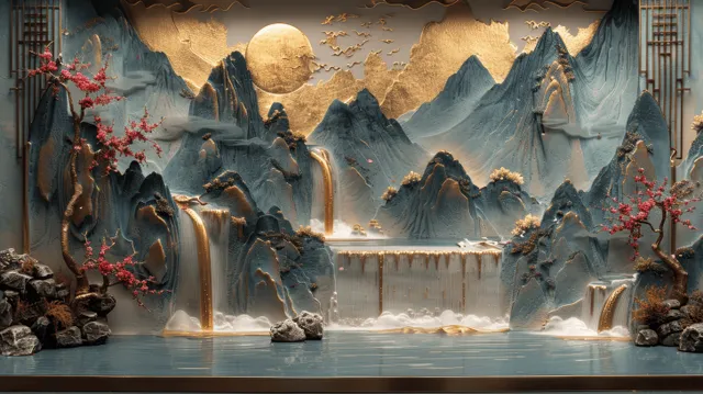 Japanese landscape mural featuring a waterfall, misty mountains, and gold sakura accents with layered textured stone elements.