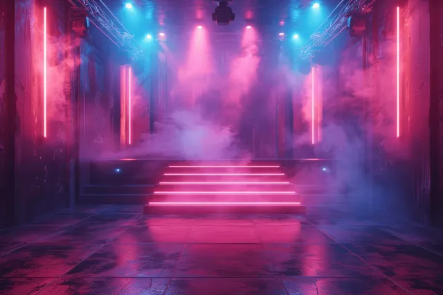 Neon concert stage with glowing steps and colored spotlights