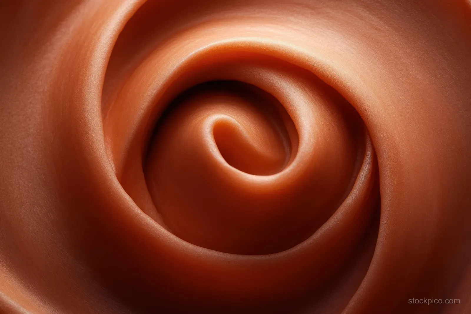 A close-up of a glossy milk chocolate swirl with rich caramel-brown tones creating an indulgent abstract texture.