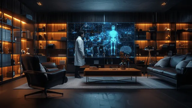 A healthcare scientist engages with holographic medical interfaces in a high-tech laboratory setting.
