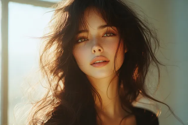 Smiling woman with long flowing hair posed in soft natural light against a minimal background.