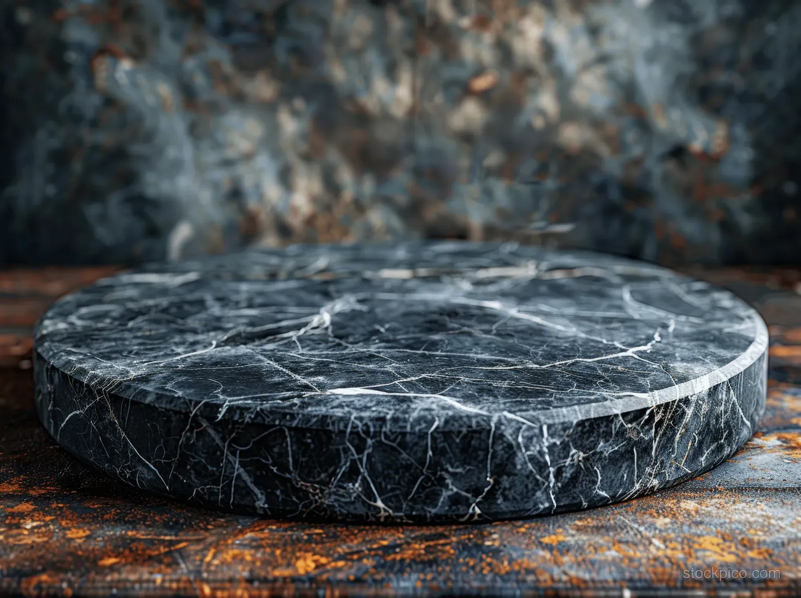 Black marble round tabletop rests on a rustic wooden surface against a dark stone backdrop.