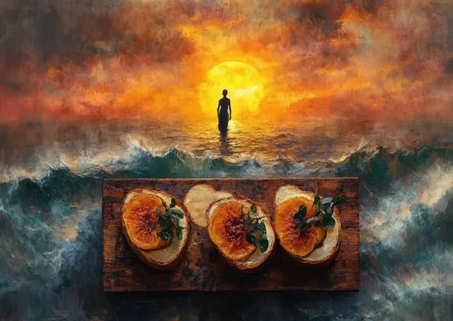 Silhouette walks toward an orange sun above ocean waves with a wooden board of peach-topped bread in front.