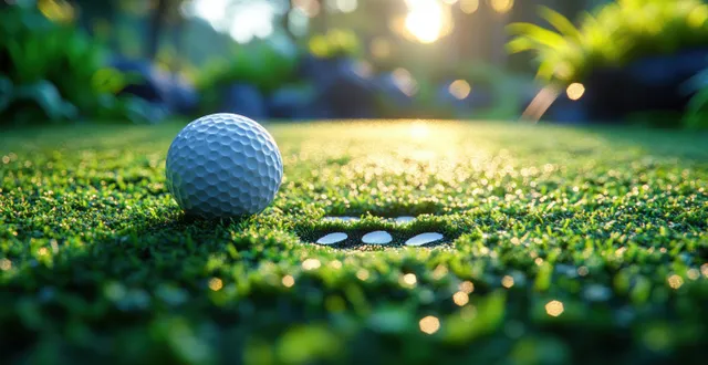 A golf ball on a manicured green rolls toward a hole with the flag and softly blurred background lights.