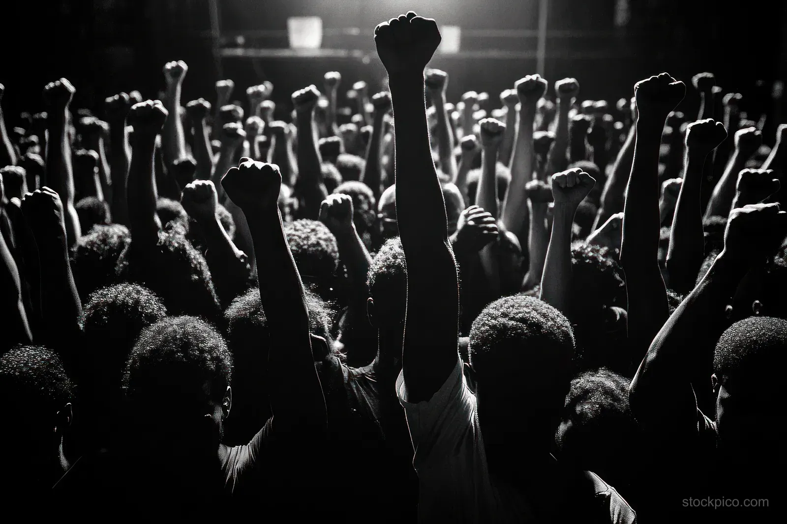 A crowd at night raises clenched fists in a high-contrast black-and-white protest scene.