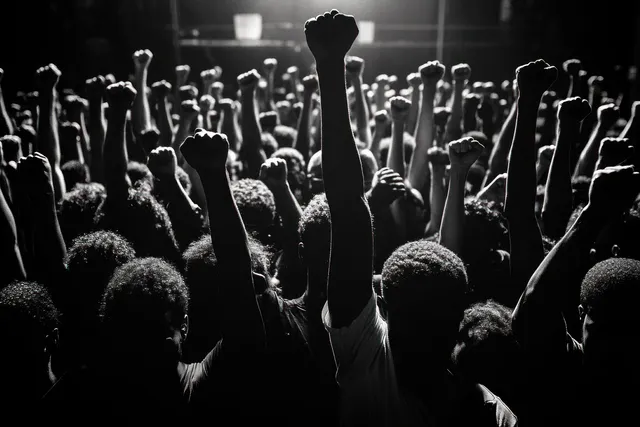 A crowd at night raises clenched fists in a high-contrast black-and-white protest scene.