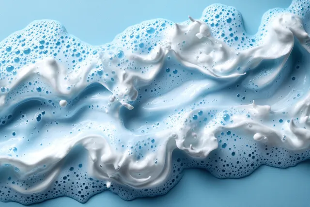 Thick white cleansing mousse foam with tiny bubbles swirls on a smooth blue background.