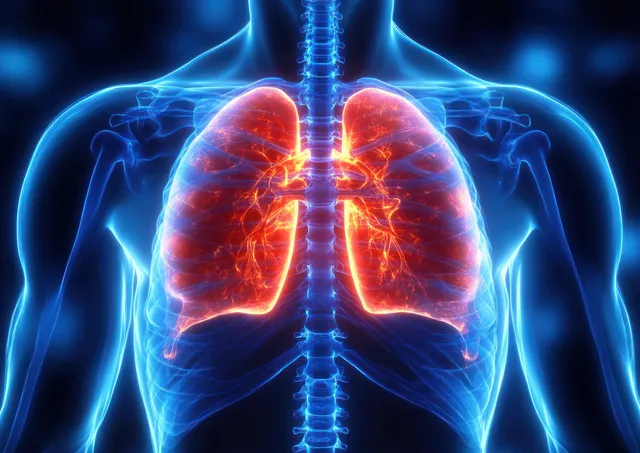 3D medical illustration of a human upper torso with glowing red lungs and bronchi against a blue rib cage.