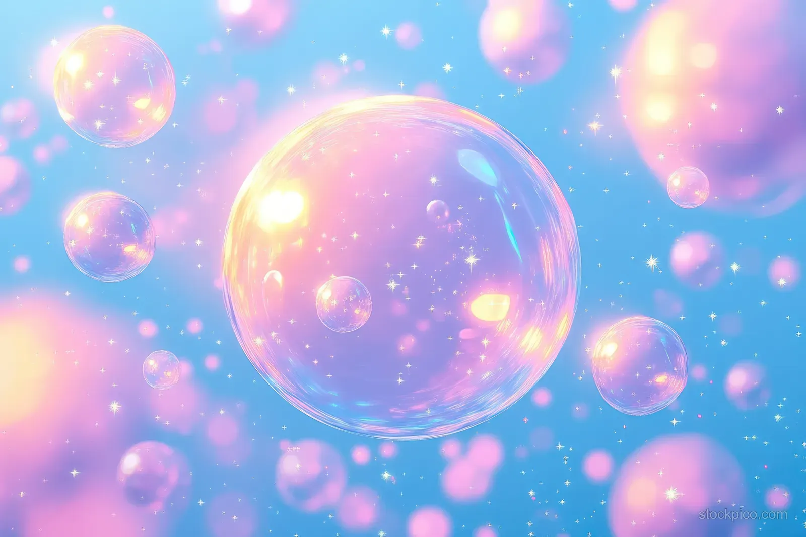 Multiple glowing soap bubbles float in a pastel blue sky with small star-like sparkles.