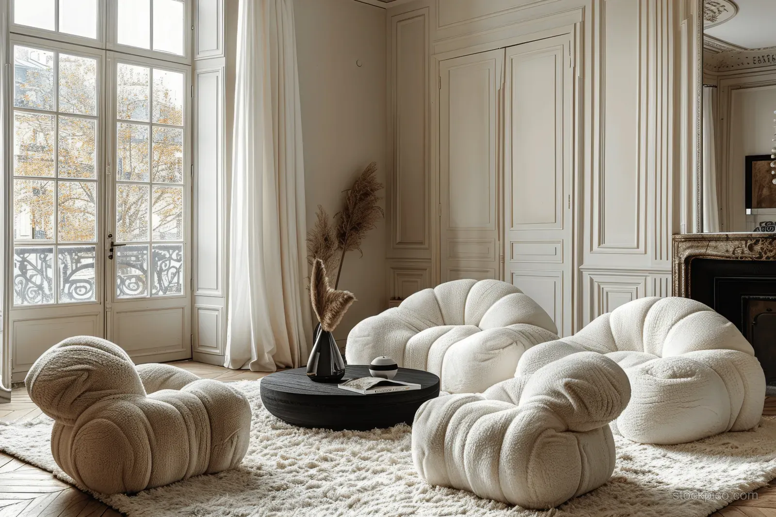 Boucle lounge chairs and a black coffee table sit in a Paris living room beside tall windows.