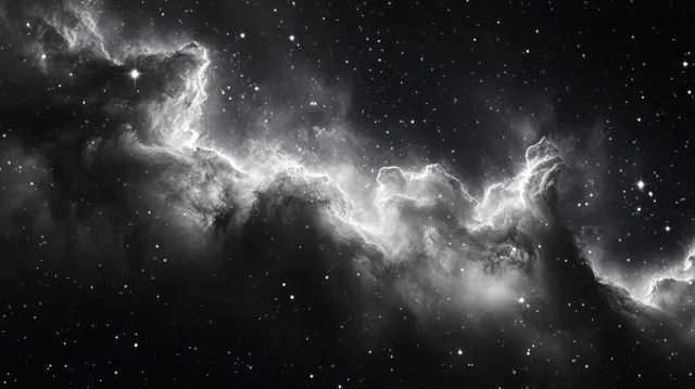 Black and white galaxy with glowing cosmic clouds and dense star clusters in deep space.