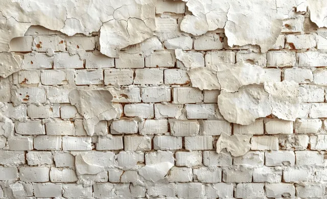 Distressed beige and white brick wall texture with chipped plaster and worn mortar between bricks.
